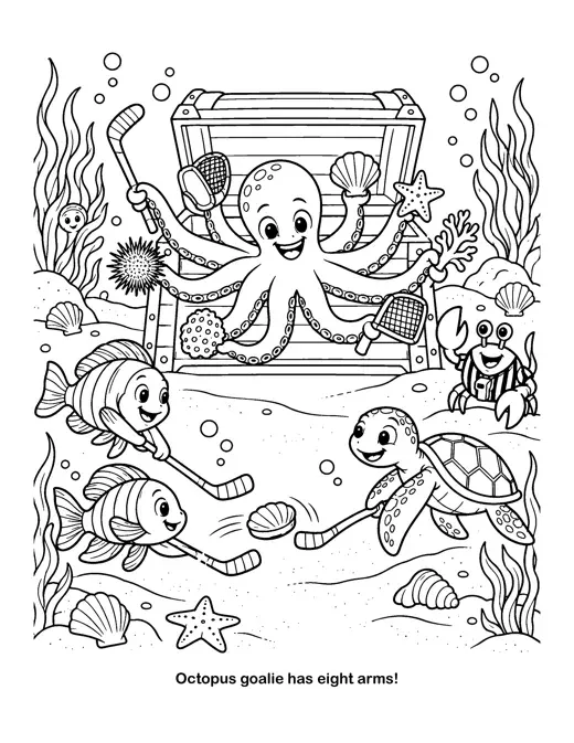 Coloring page: the octopus goalie has eight arms