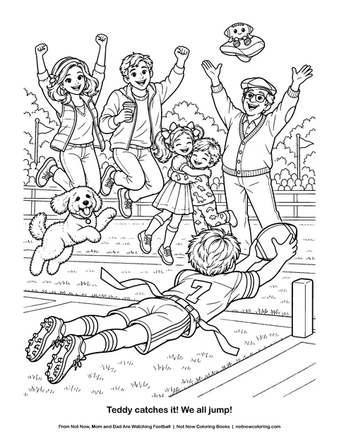 Coloring page: Teddy catches it! We all jump!