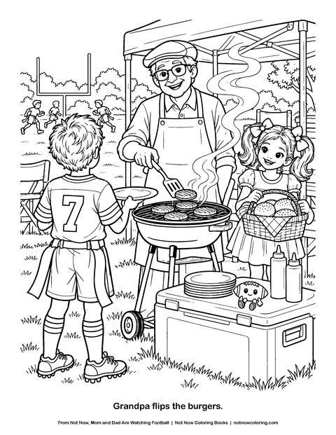 Coloring page: Grandpa flips the burgers