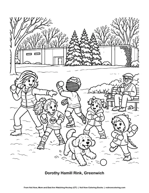 Coloring page: Kids and a fluffy dog have a snowball fight outside the Dorothy Hamill Rink in Greenwich