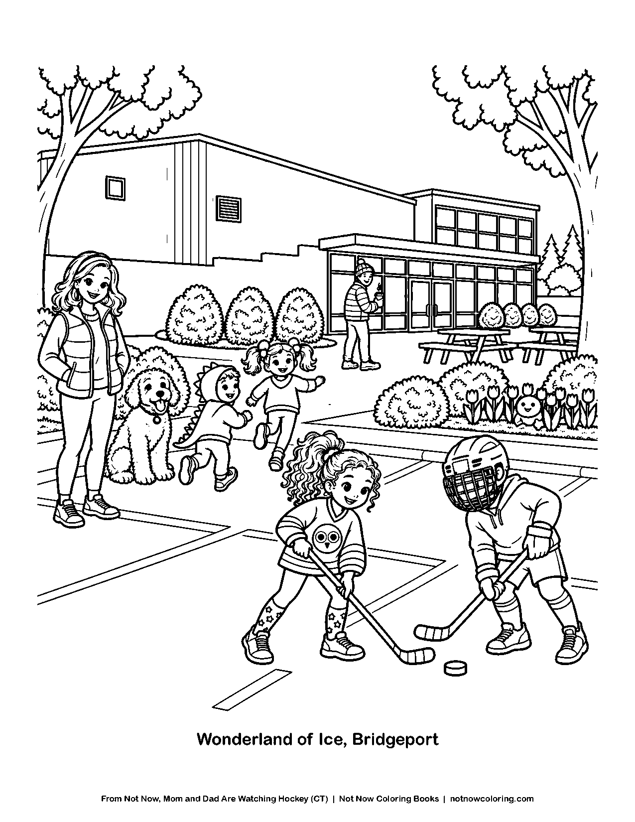 Coloring page: Two kids play street hockey in front of the Wonderland of Ice rink in Bridgeport