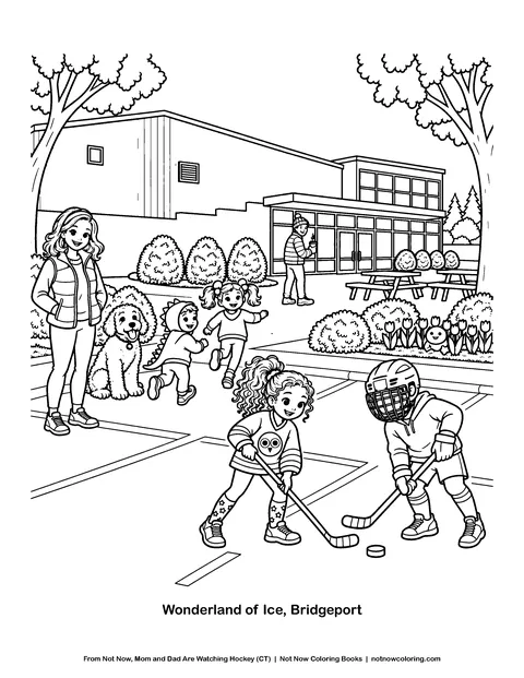 Coloring page: Two kids play street hockey in front of the Wonderland of Ice rink in Bridgeport