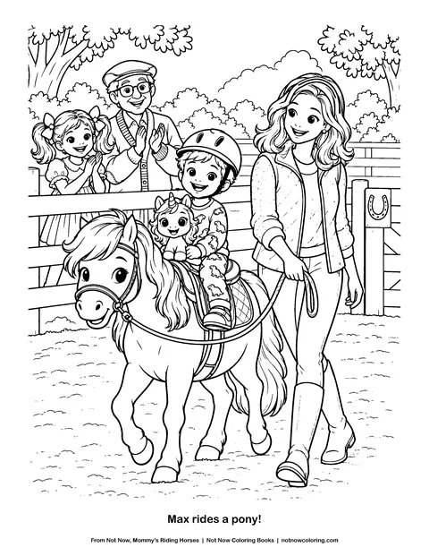 Coloring page: Max rides a pony!