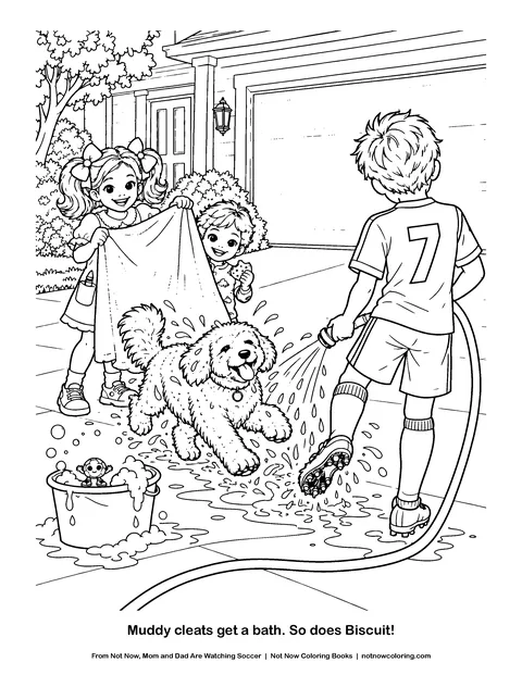 Coloring page: Muddy cleats get a bath