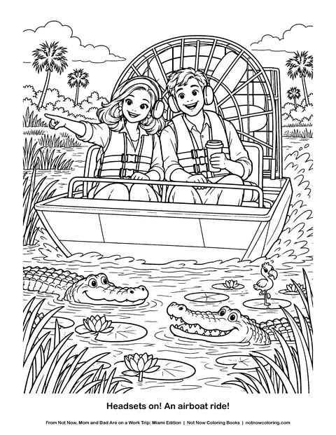 Coloring page: Hold on to your hats! An airboat ride!