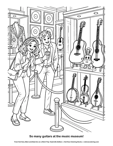 Coloring page: So many guitars at the music museum!