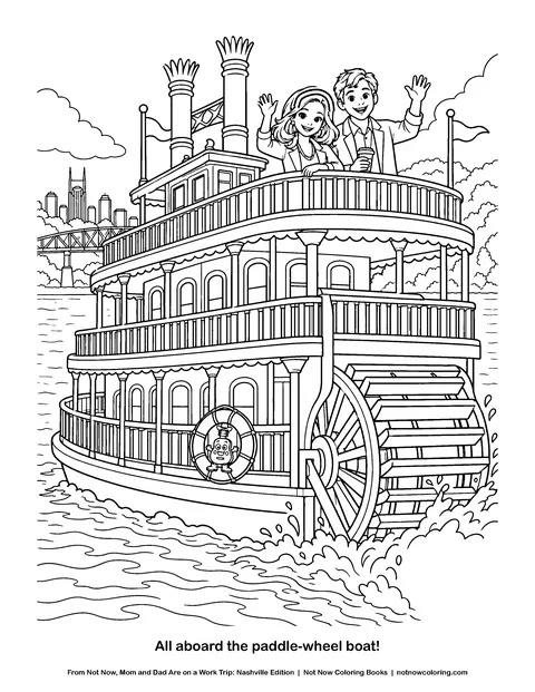 Coloring page: All aboard the paddle-wheel boat!