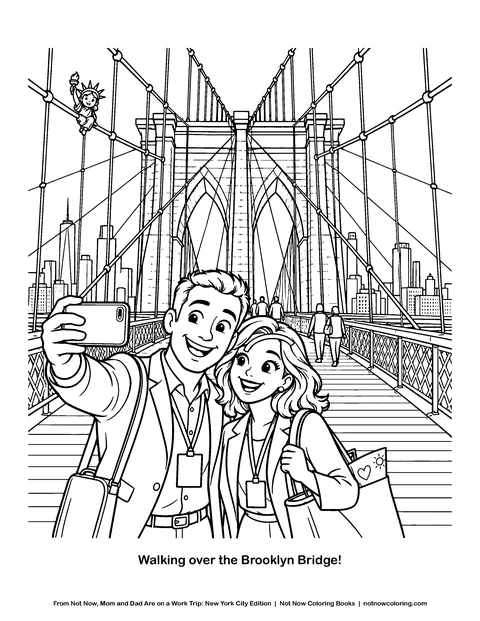 Coloring page: Walking over the Brooklyn Bridge!