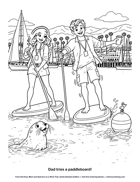 Coloring page: Dad tries a paddleboard!